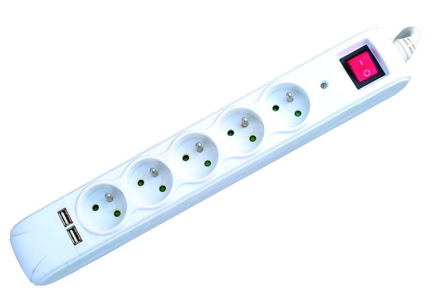 Four ways socket with switch WHITE + 2 USB,with surge protection