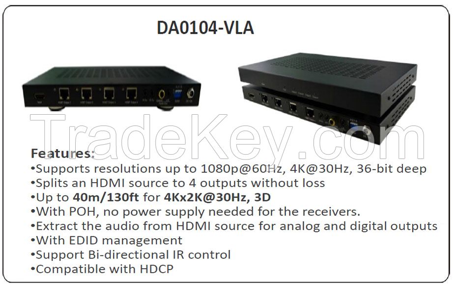 4K 2K HDBaseT Lite1x4 HDMI Splitter /HDMI distribution amplifier with L/R&SPDIF Audio Outputs