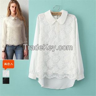 Long-sleeved chiffon shirt female summer Korean sexy embroidered shirt 