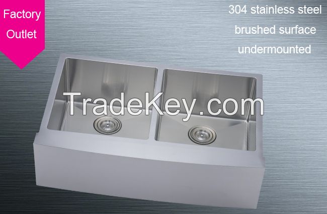 under mounted 304 stainless steel kitchen sink brushed square double bowl farm sink apron front sink