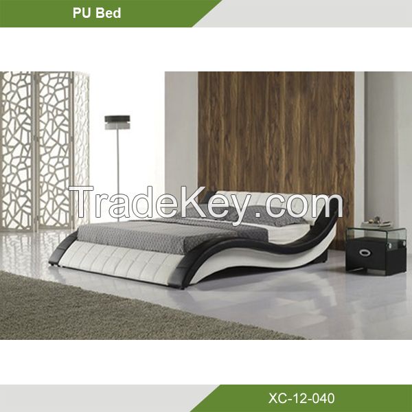 Latest double bed designs modern S shape white leather platform queen bed XC-12-040