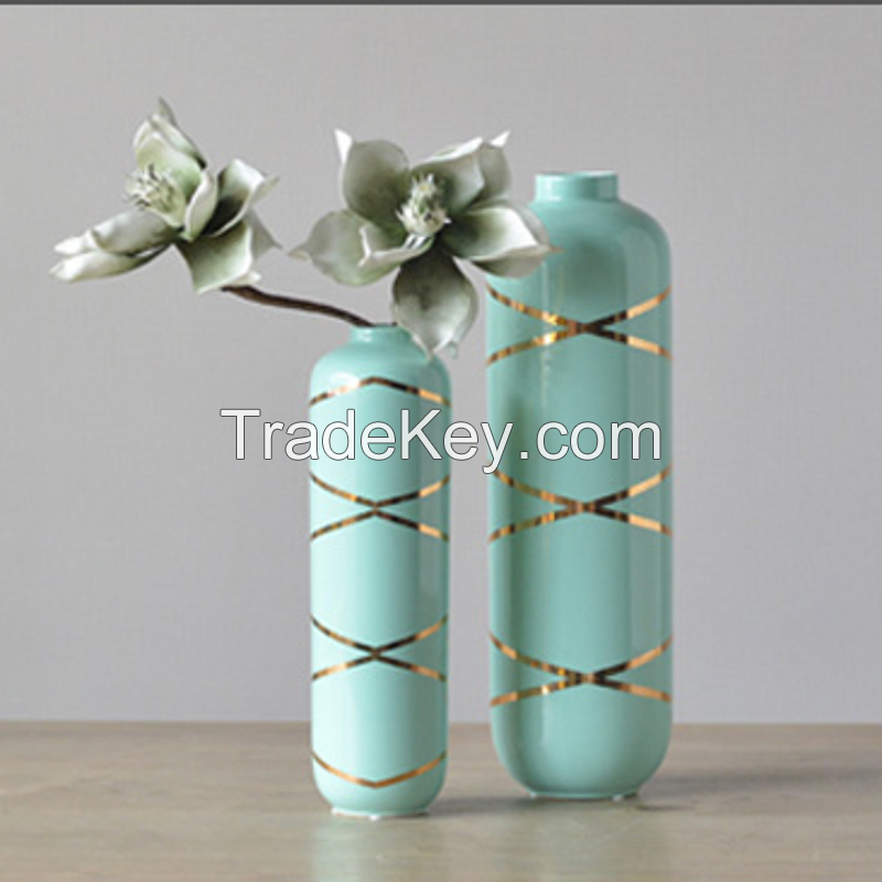New design glazed flower vase, ceramic vase with gold stripe painting