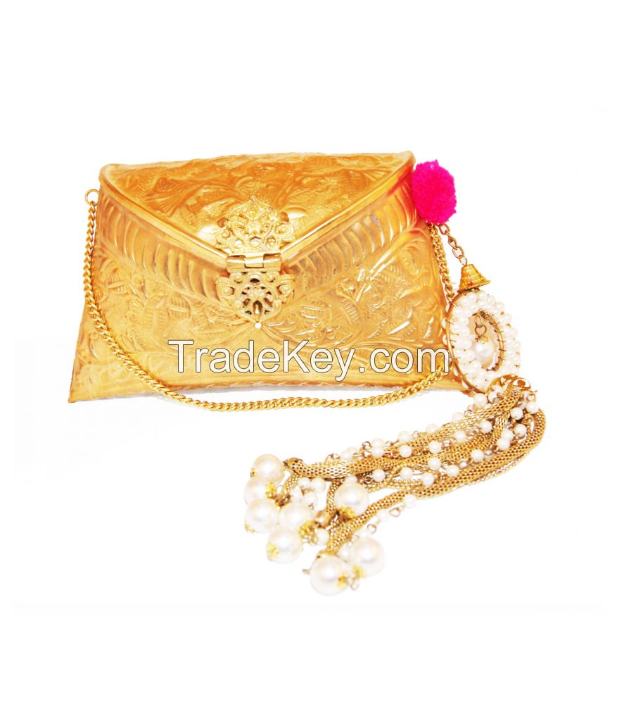 Embossed Gold Clutch Bag With Pearl Bead Tassel