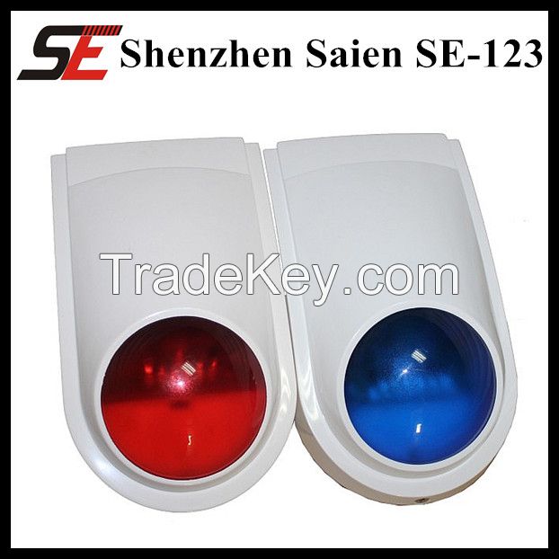 red blue external alarm siren with flashing strobe light