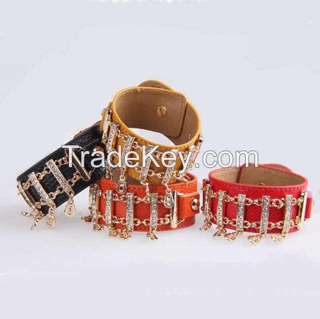 Gold Plating Alloy Charm Black PU Leather Bracelet