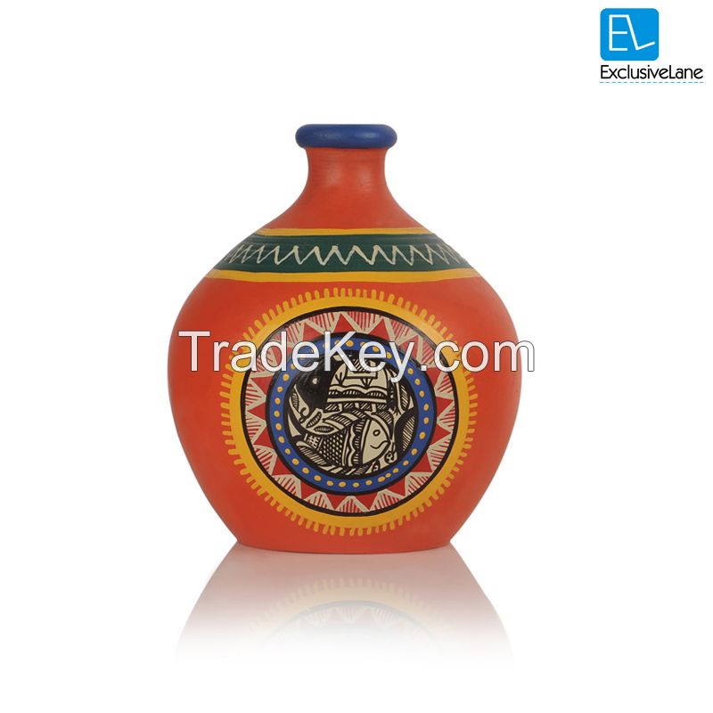 ExclusiveLane Madhubani Handpainted Terracotta Vase Set In Bright Orange