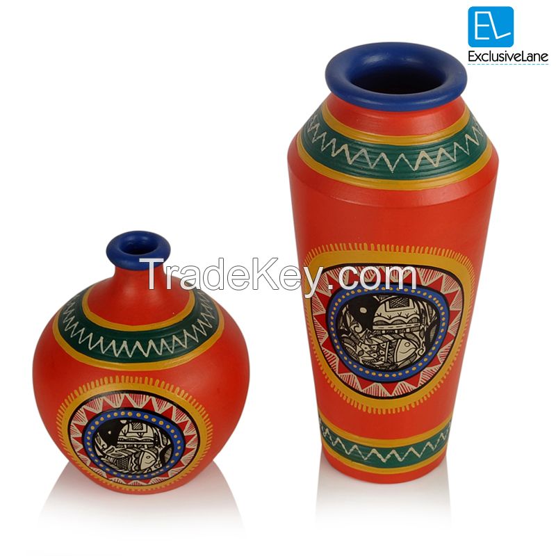 ExclusiveLane Madhubani Handpainted Terracotta Vase Set In Bright Orange