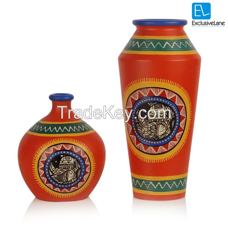 ExclusiveLane Madhubani Handpainted Terracotta Vase Set In Bright Orange