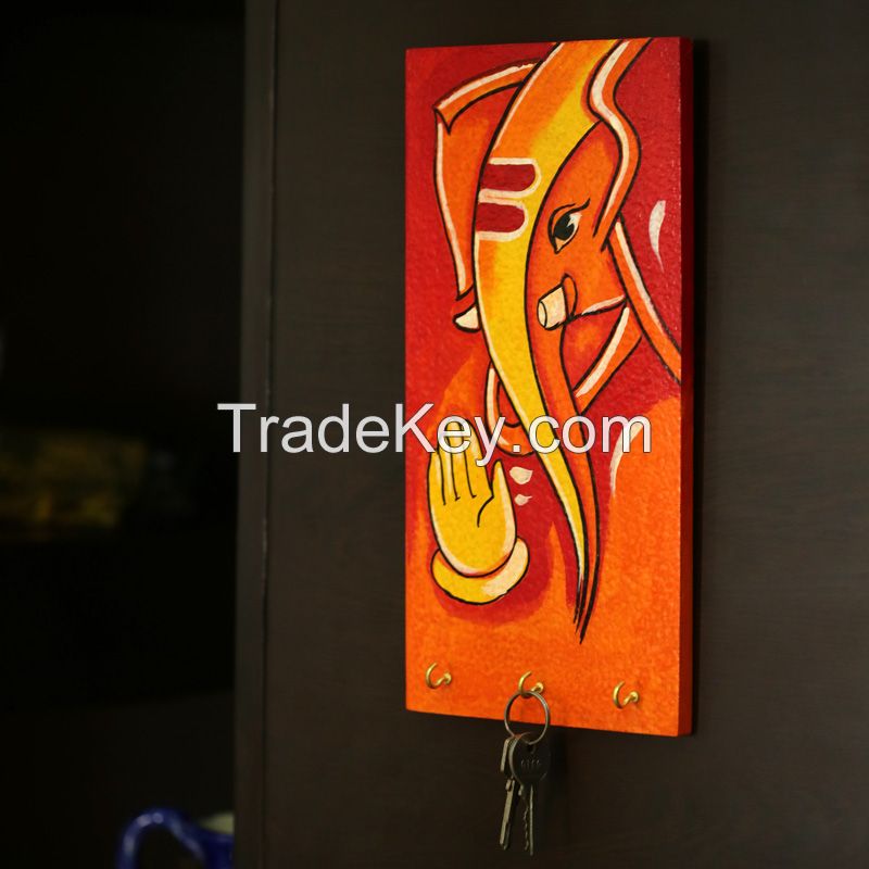 Exclusivelane Lord Ganesha Hand Painted Key Holder Orange