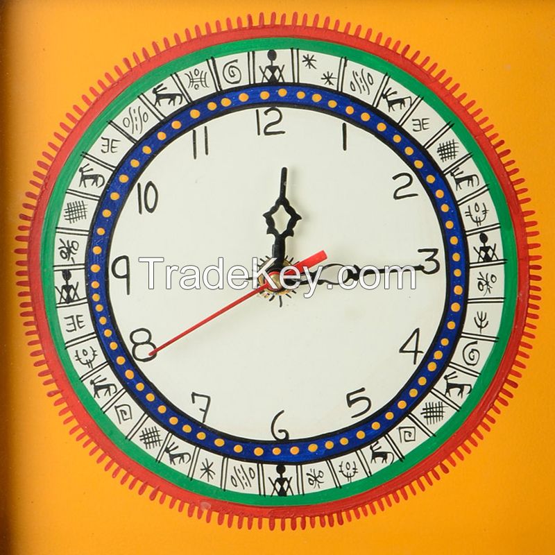 ExclusiveLane Warli Handpainted Clock 10*10 Inch Yellow