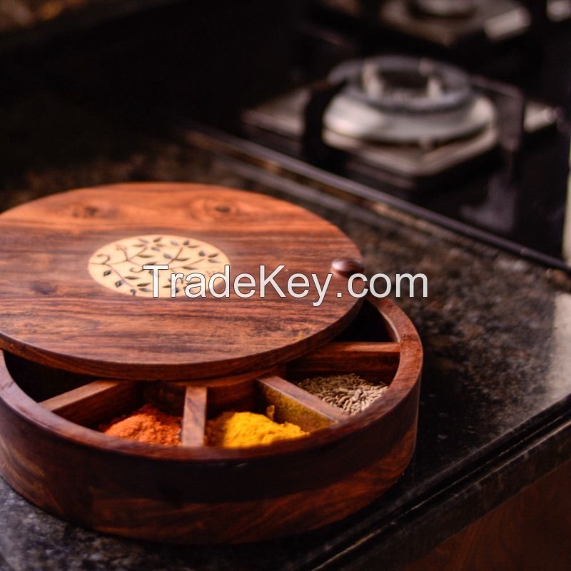 ExclusiveLane Sheesham Wood Spice Box With Floral Work