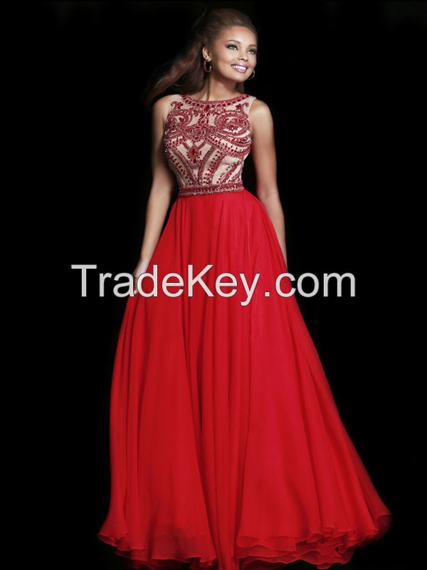 HE6206 Attractive OEM Service High Neck Sleeveless Sexy crystal beaded chiffon long red evening dress