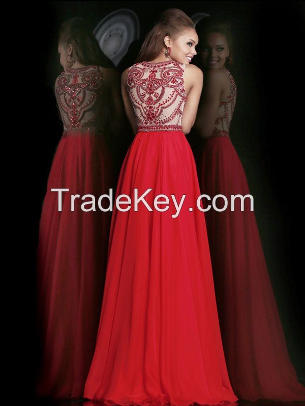 HE6206 Attractive OEM Service High Neck Sleeveless Sexy crystal beaded chiffon long red evening dress