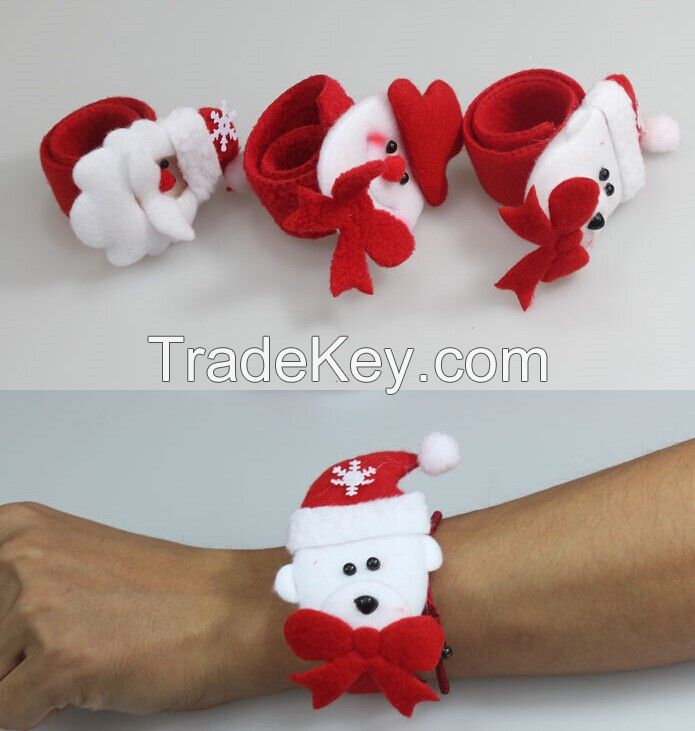 Plush Christmas Slap Bracelet Bangle Santa Claus Snowman Deer Elk Bear Xmas Pat Circle Hand Ring Pops Watch Ribbon