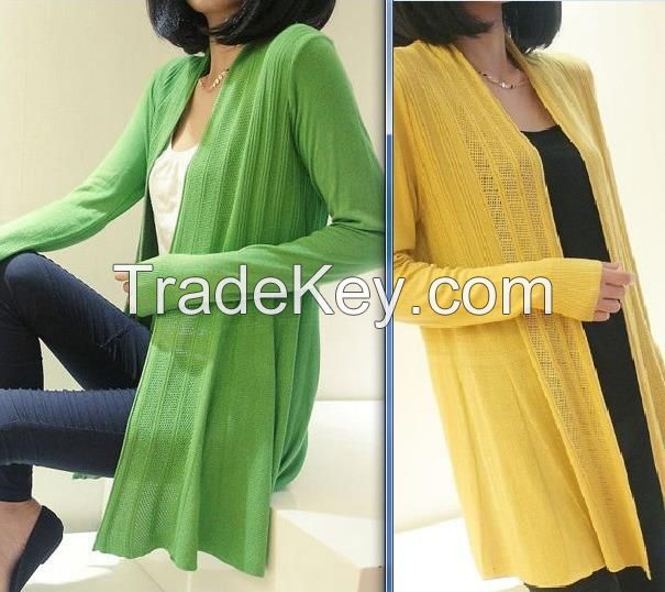 Newest woman fashion summer hollow out cardigan coat air condition blouse long-sleeve pleat loose thin sweater knitwear