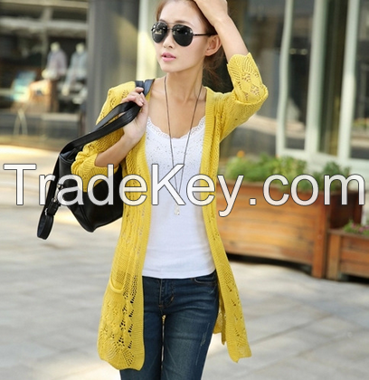 Slim loose thin hollow out knitting cardigan long sleeve coat 