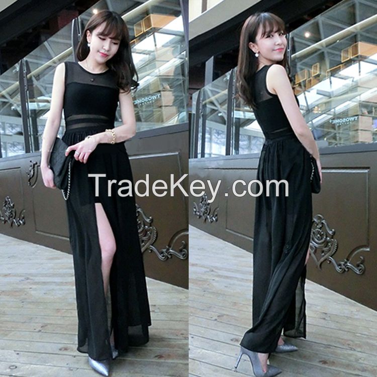 Latest ladies chiffon long dress front slit party maxi dress