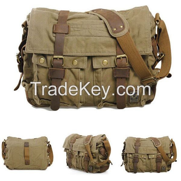 stock fashion canvas and genuine leather messenger bag for men 