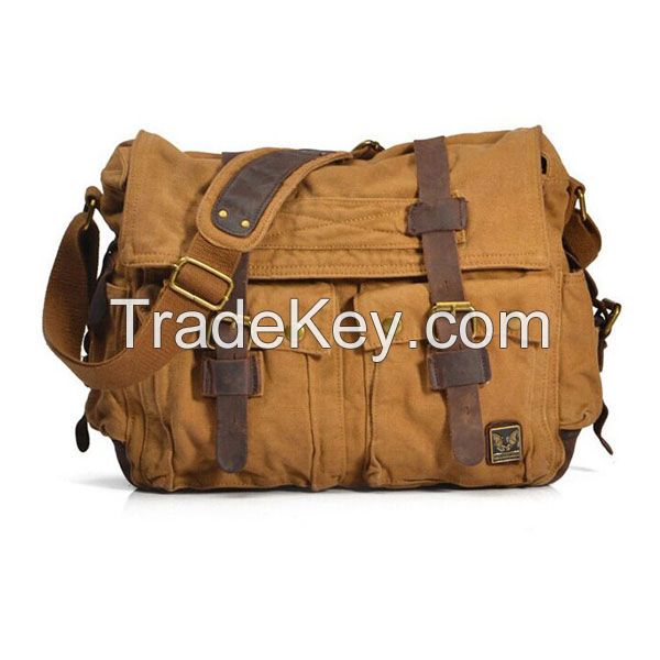 stock fashion canvas and genuine leather messenger bag for men 