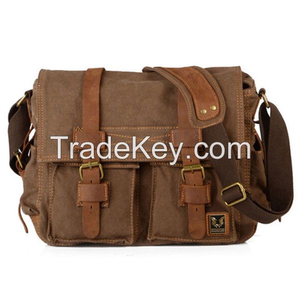 stock fashion canvas and genuine leather messenger bag for men 