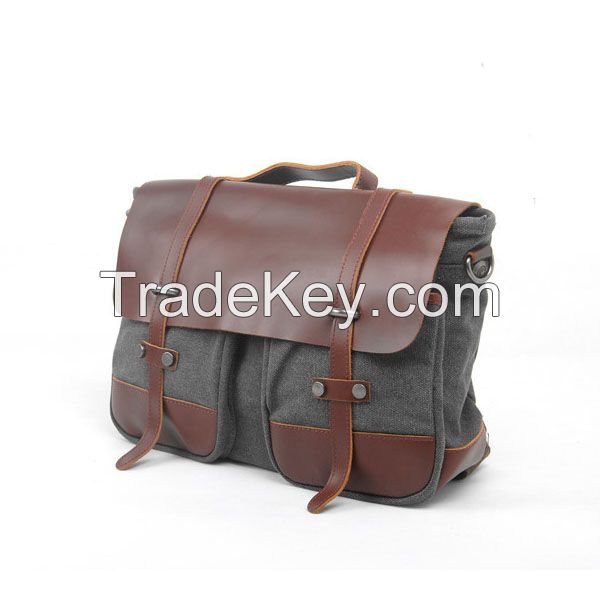 fashion young men's canvas and genuine leather laptop bags/briefcase 