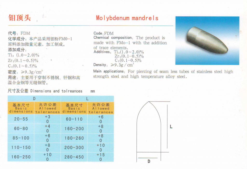 Molybdenum mandrels