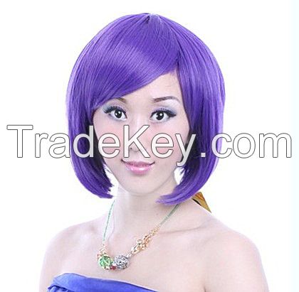 Color Bob wig Purple short straight hair inclined bang ball head