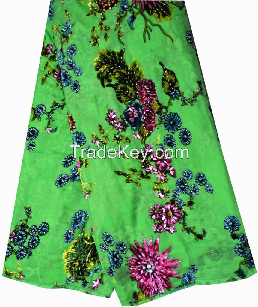   2014 newest fashion green embroidery petals allover stones fabric for dress maker sari lace material 