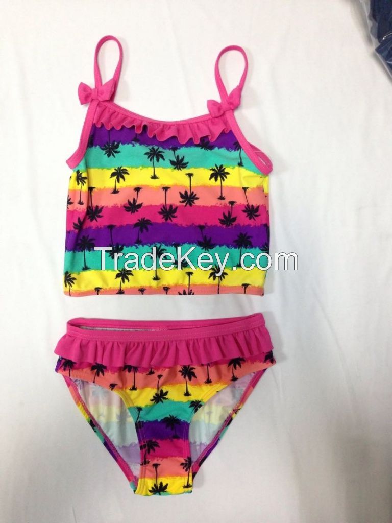 Girls Tankini Two-piece Swimsuit / Tank Top And Panty In Colorful Striped Pattern.