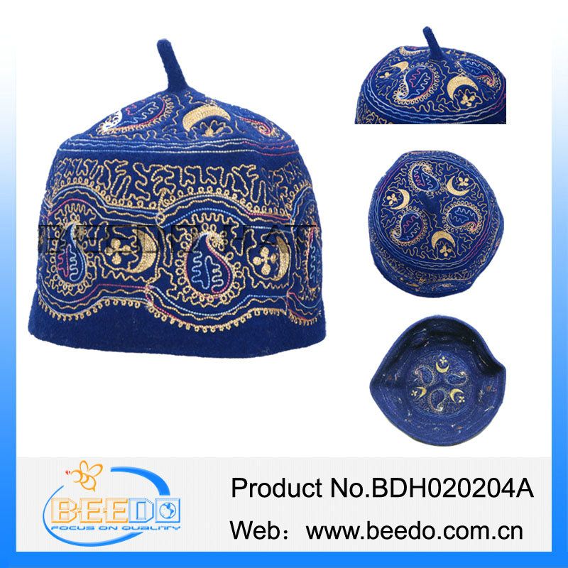 High quality 100% wool felt muslim embroidery prayer hat in stock