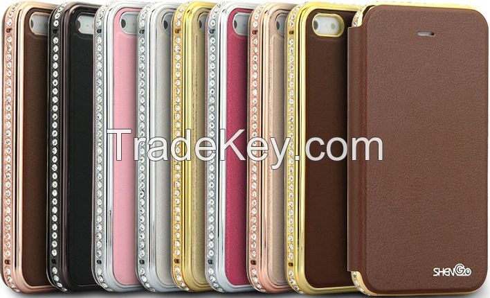 Shengo Metal Bumper With Rhinestone Inlaid PU Leather Case for iPhone5/5S