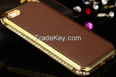 Shengo Metal Bumper With Rhinestone Inlaid PU Leather Case for iPhone5/5S