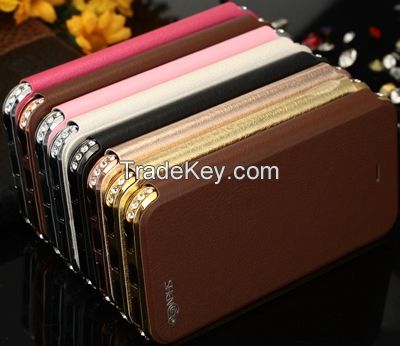 Shengo Metal Bumper With Rhinestone Inlaid PU Leather Case for iPhone5/5S 