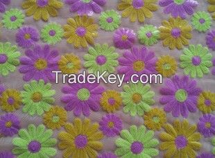 three-color flowers embroidered sequin mesh fabric