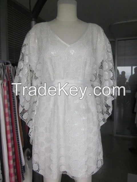ladies dress in lace fabric, satin lined, V neck with belt