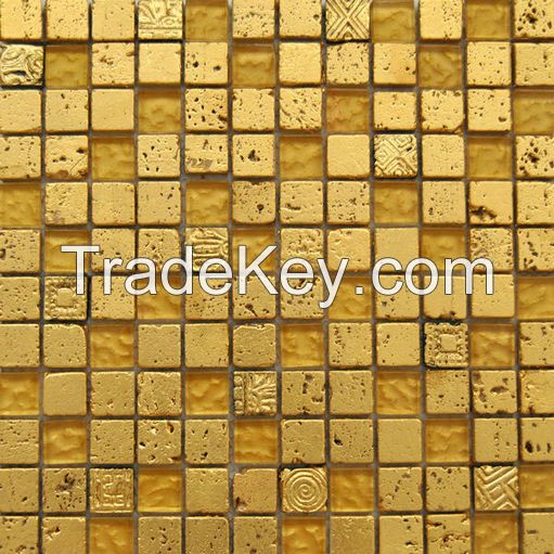 GRT005 golden crystal resin travertine stone mix mosaic
