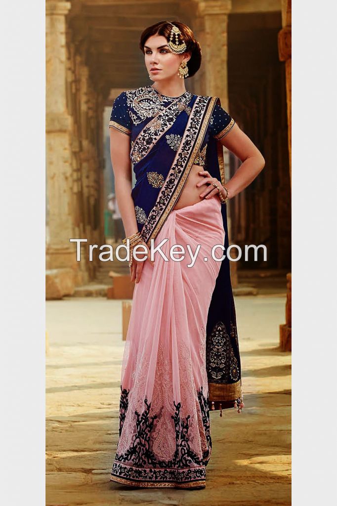 Dark Blue & Pink Embroidered Designer Saree