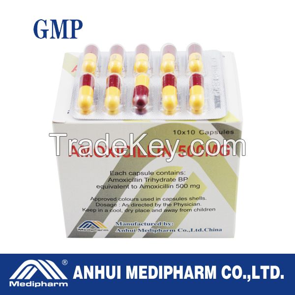Amoxicilin Capsule 500mg, 10*10's/box, GMP medicine