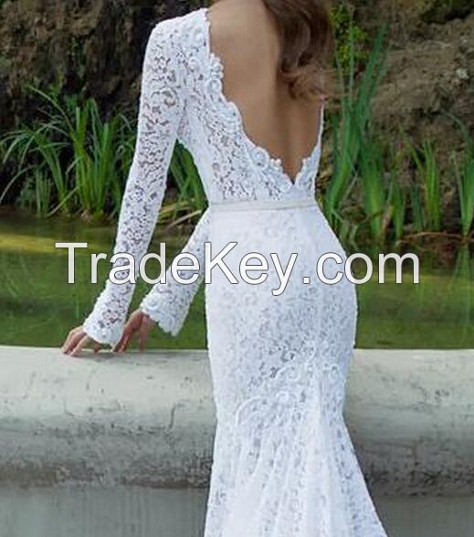 2014 New Design Vintage Long Sleeve Backless Lace Mermaid Wedding Dres