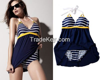 New Sexy navy wind stripe plus size Padded swimwear women one piece swimsuit Beachwear Padded Halter Skirt Blue