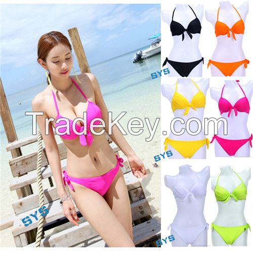 2014 New Chic bikini women Push up neon color Swimwear bowknot Padded Bathing suit bow solid color Swimsuit Beach wear dress