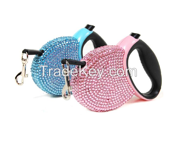 4m 15kg jeweled Rated Automatic Traction Rope Dog Leash Retractable dog leashes with side cover Ribbon Style nylon Pet Leash