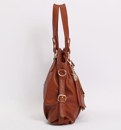 PU Leather Top handle Shoulder Bag with Genuine Leather Tassel