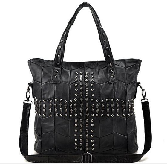 Genuine Sheep Leather Cross Pyramid studs Top-zip Tote