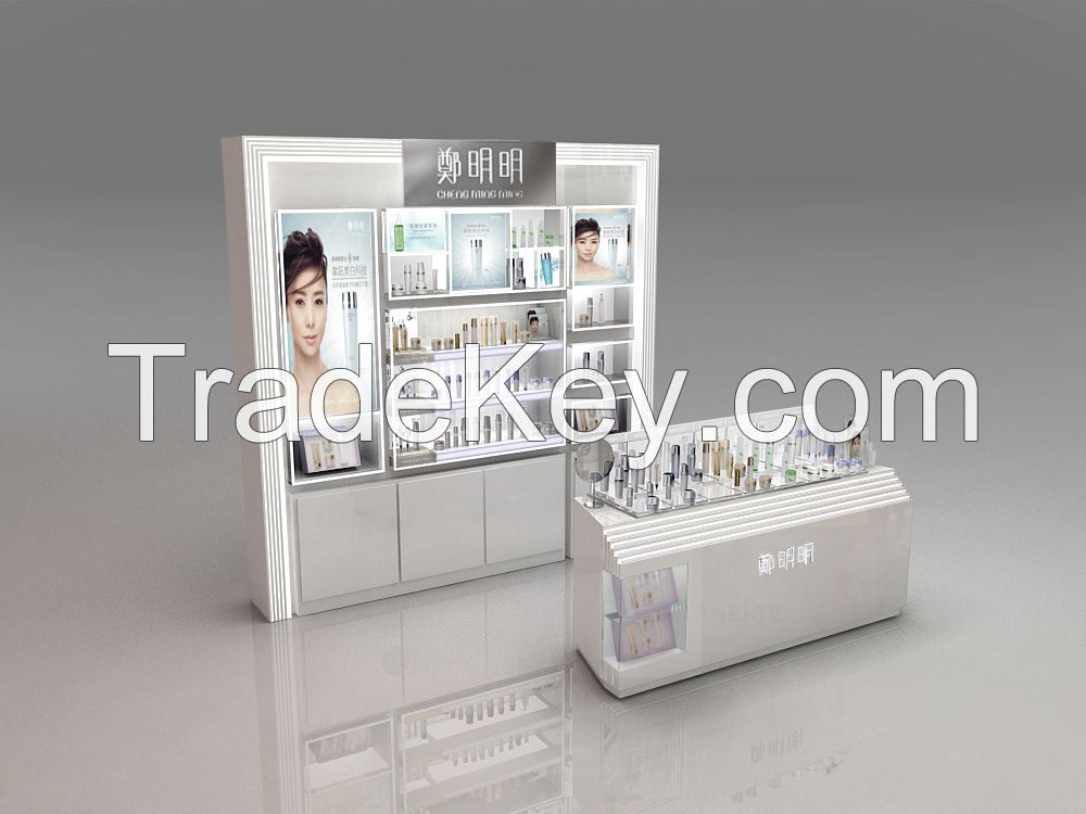 Glossy white color MDF cosmetic display stand experice display unit