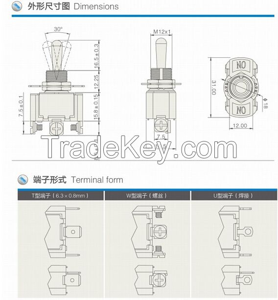 DPDT Toggle switch ON-OFF-ON latching 12mm 10A 250V T6023U