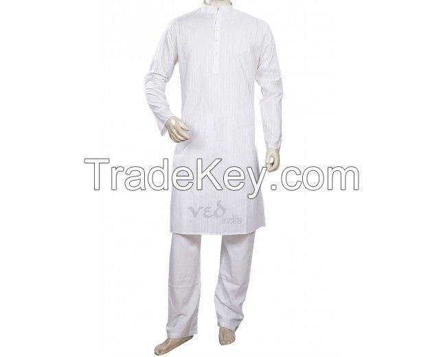 Stylish White Knee Length Cotton Kurta Pyjama Set