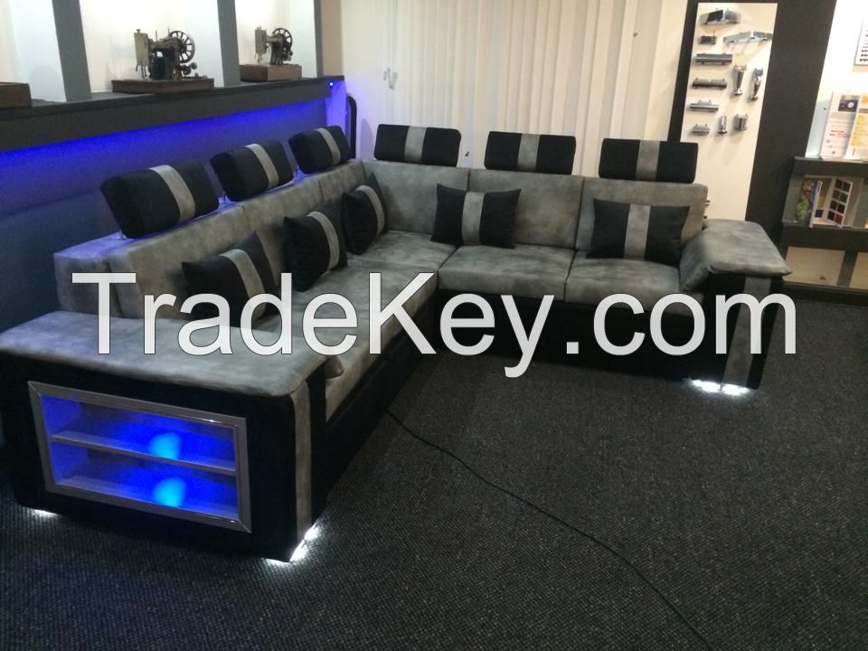 Corner Sofa with LED Shelving and Sofa Bed