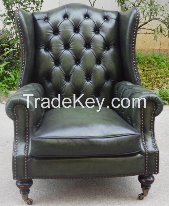 2015 Hot Sale Antique Chesterfield Leather Atrovirens Sofa Chair with wheels