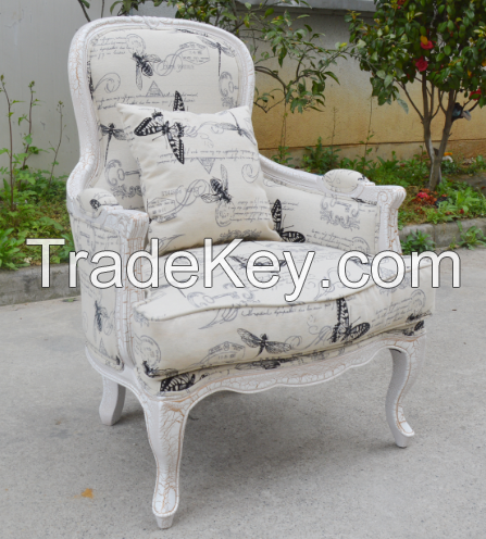Vintage French style antiqued oak frame linen upholstered living room armchair